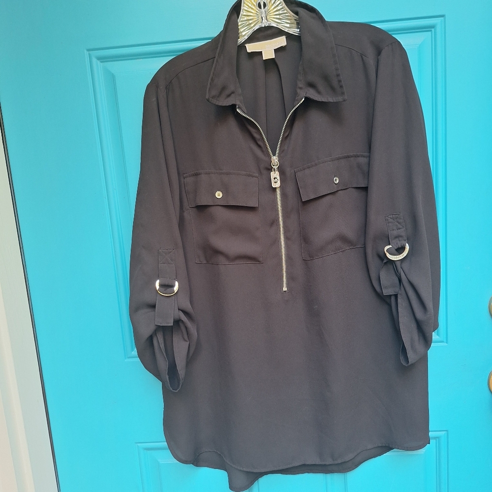 Michael Kors Top Blouse Zipper 3/4 Long Sleeves Collar Pockets Logo Hardware M - Picture 8 of 14
